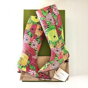 NIB Gucci x Ken Scott Horsebit Pomponica Knee High Floral Kitten Heel Boots 36